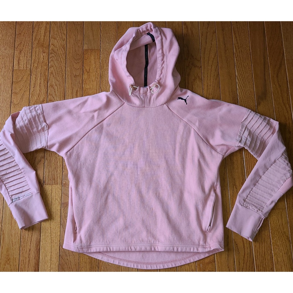 Puma Womens PInk Ribbed Sleeve Evo Stripe Hoodie Sweatshirt Sz SM Thumbholes